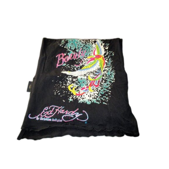 Ed Hardy Life Is Beauty Tattoo Graphic Scarf Black Y2K Glitter Christian Audigie - Picture 3 of 9